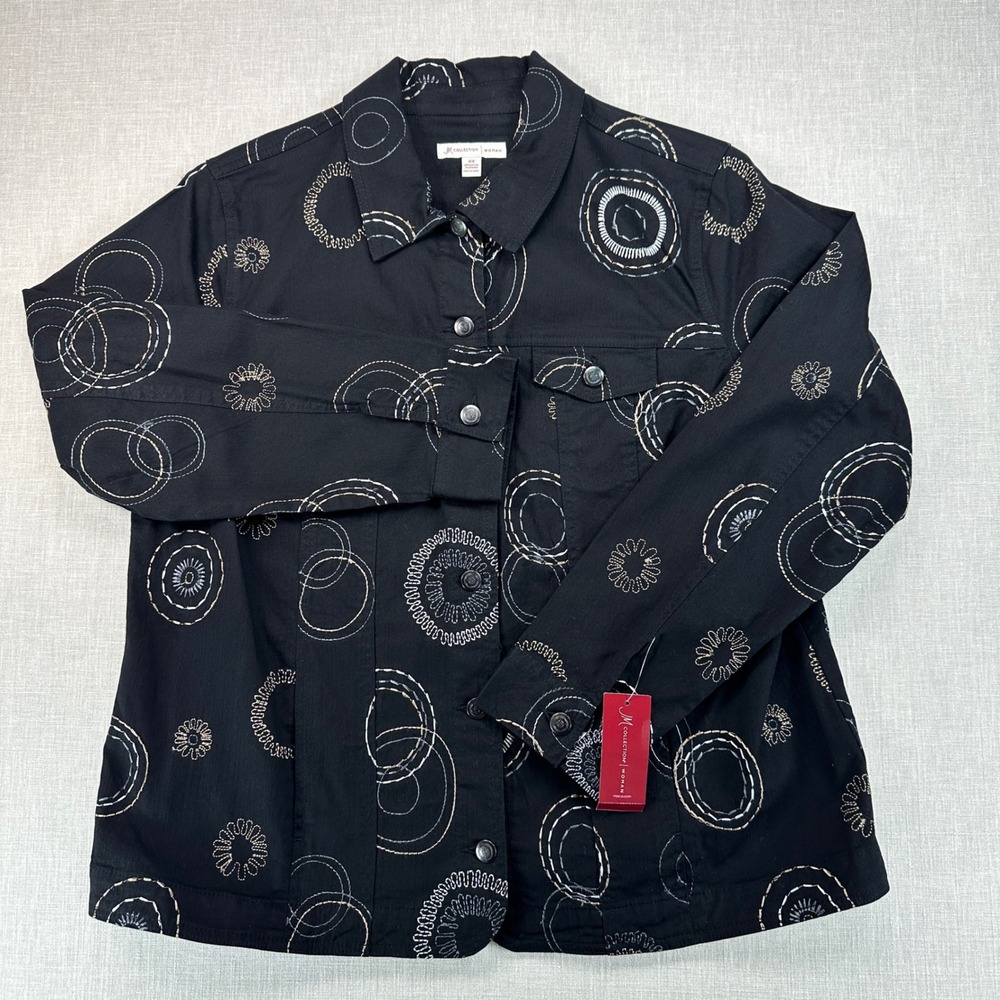 JM Collection Jacket Women 16W Black Embroidered Circle Button Front Stretch - Picture 2 of 8